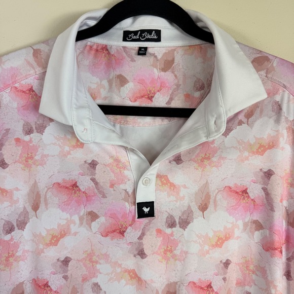 Bad Birdie Mens XL Pink Floral Performance Golf Polo Shirt Short Sleeve Stretch - Picture 3 of 9